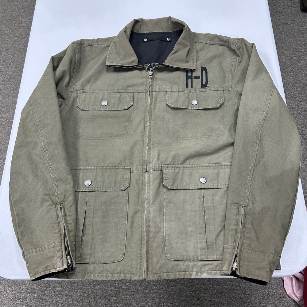 Harley Davidson Reversible Jacket Mens L Olive Black Canvas Biker Utility B3